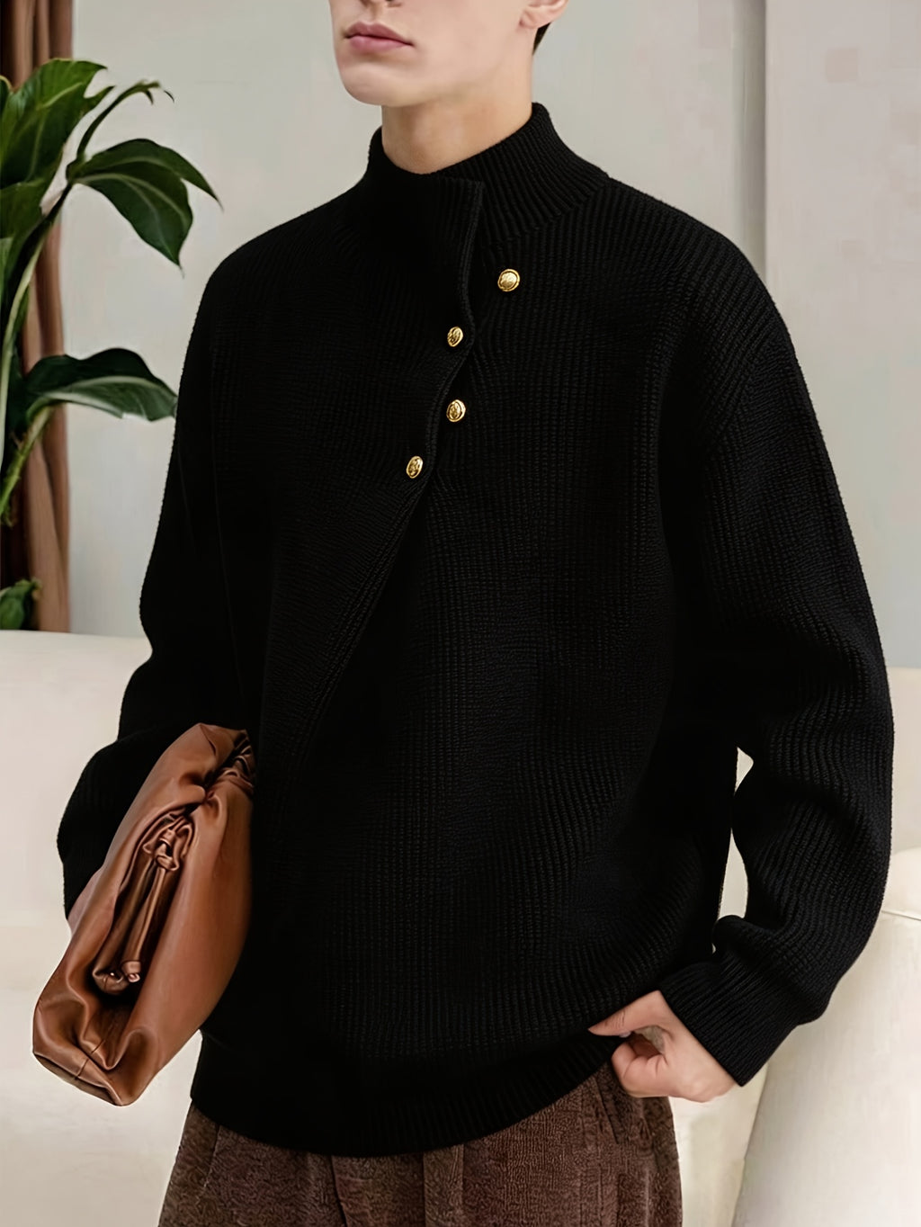 Men's Half-Turtleneck Sweater, Vintage Loose Drop-Shoulder Fit, Old Money Style Simple Casual Design, Autumn/Winter Warm Cable Knit Fabric, Skin-Friendly and Soft, Diagonal Placket with Button Row, Versatile Men's Knit Top, Men's Long-Sleeve Pullover - Black