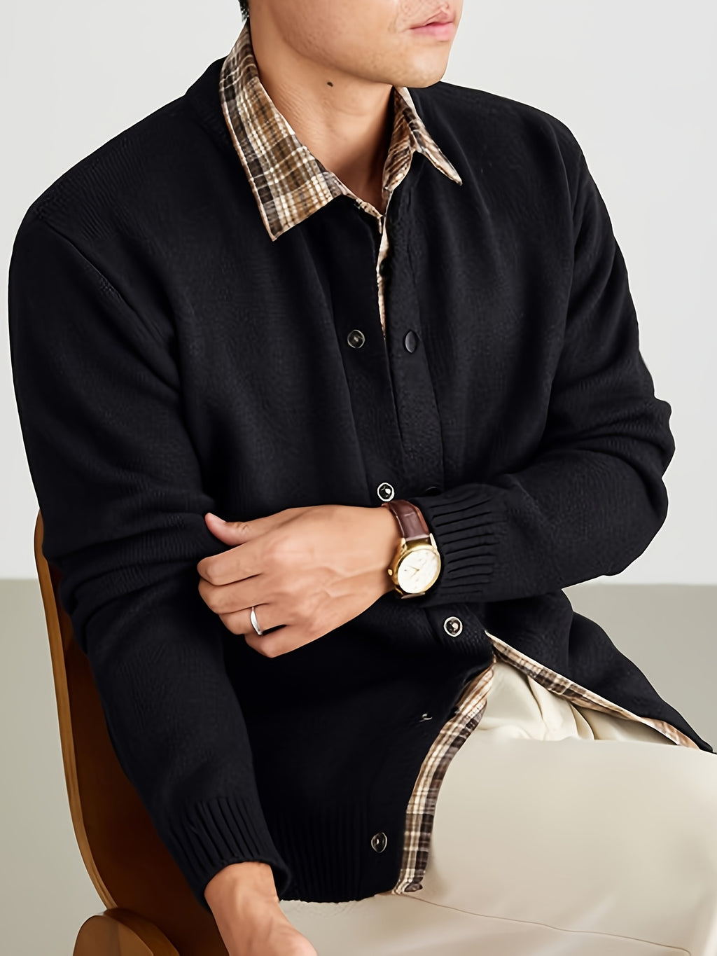 Men'S Oatmeal Knit Cardigan, Faux Two-Piece Plaid Shirt Collar Single Button, Business Casual Spring Autumn Regular Fit, Commuting Office - Black
