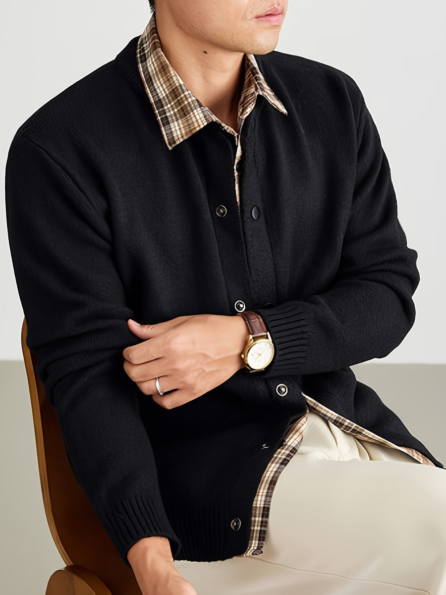 Men'S Oatmeal Knit Cardigan, Faux Two-Piece Plaid Shirt Collar Single Button, Business Casual Spring Autumn Regular Fit, Commuting Office - Black
