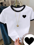 Women's Y2K Color Block Summer Short Sleeve T-Shirt - Breathable Round Neck Casual Top, Loose Fit with Red Heart Print Design for Daily Wear - White