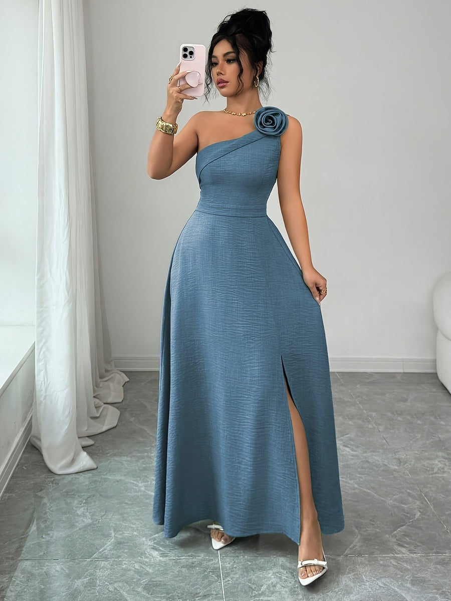 New Summer Women's Off-Shoulder Rose-Embellished Long Dress with Waist-Defining Slit, Elegant One-Shoulder Design, Mature Style for Dates and Banquets - Sea Blue