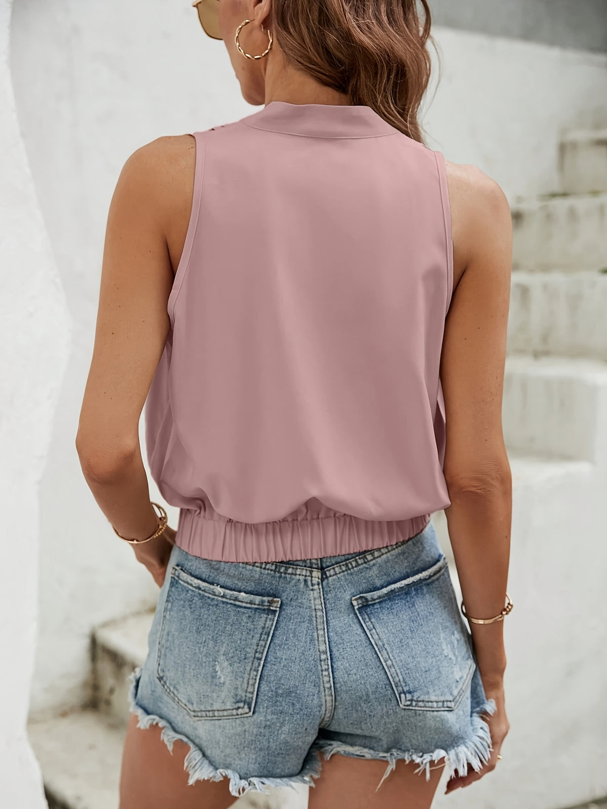New Women'S Fashion Easy Temperament Casual Elegant Daily Solid V-Neck Tie-Hem Sleeveless Vest T127 - Pale Pinkish Gray