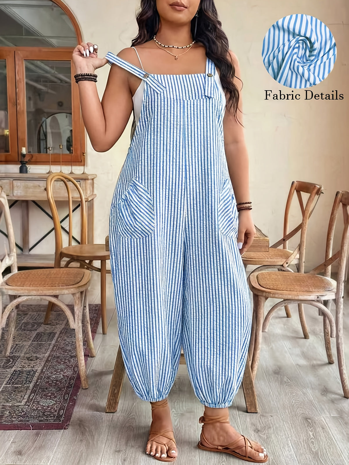 Standard Size Women's Spring/Summer Elegant and Fashionable Commuter Striped Pocket Cuffed Suspender Jumpsuit - Blue And White Stripes