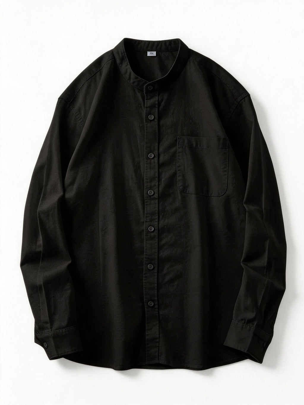 Spring And Autumn Men'S Stand-Collar Long Sleeve Shirt, Retro Solid Color Loose Shirt, Casual Commute Versatile Top, Spring And Autumn Shirt, Retro Basic Style Shirt, Commute Men'S Wear, Easy Versatile Shirt, Chinese Collar Long Sleeve Shirt - Black