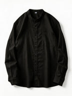 Spring And Autumn Men'S Stand-Collar Long Sleeve Shirt, Retro Solid Color Loose Shirt, Casual Commute Versatile Top, Spring And Autumn Shirt, Retro Basic Style Shirt, Commute Men'S Wear, Easy Versatile Shirt, Chinese Collar Long Sleeve Shirt - Black