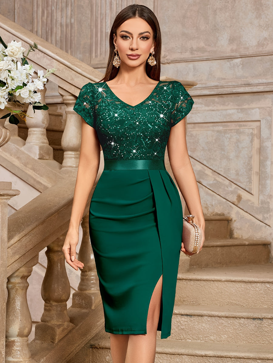 Women's Elegant Sequin Lace Petal Sleeve Double V Neck Ruched Trim Slit Hem Slim Party Dress - Dark Green