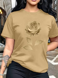 Color Series - Multicolor Light And Dark Gradient Easy Fresh Style Rose Pattern Printed T-Shirt, Casual Outing Wear, Single Wear Or Layered with Jacket, Multi-Layered, Suitable for Travel Vacation, Casual, Free And Unrestrained, Sister Outfit - Khaki