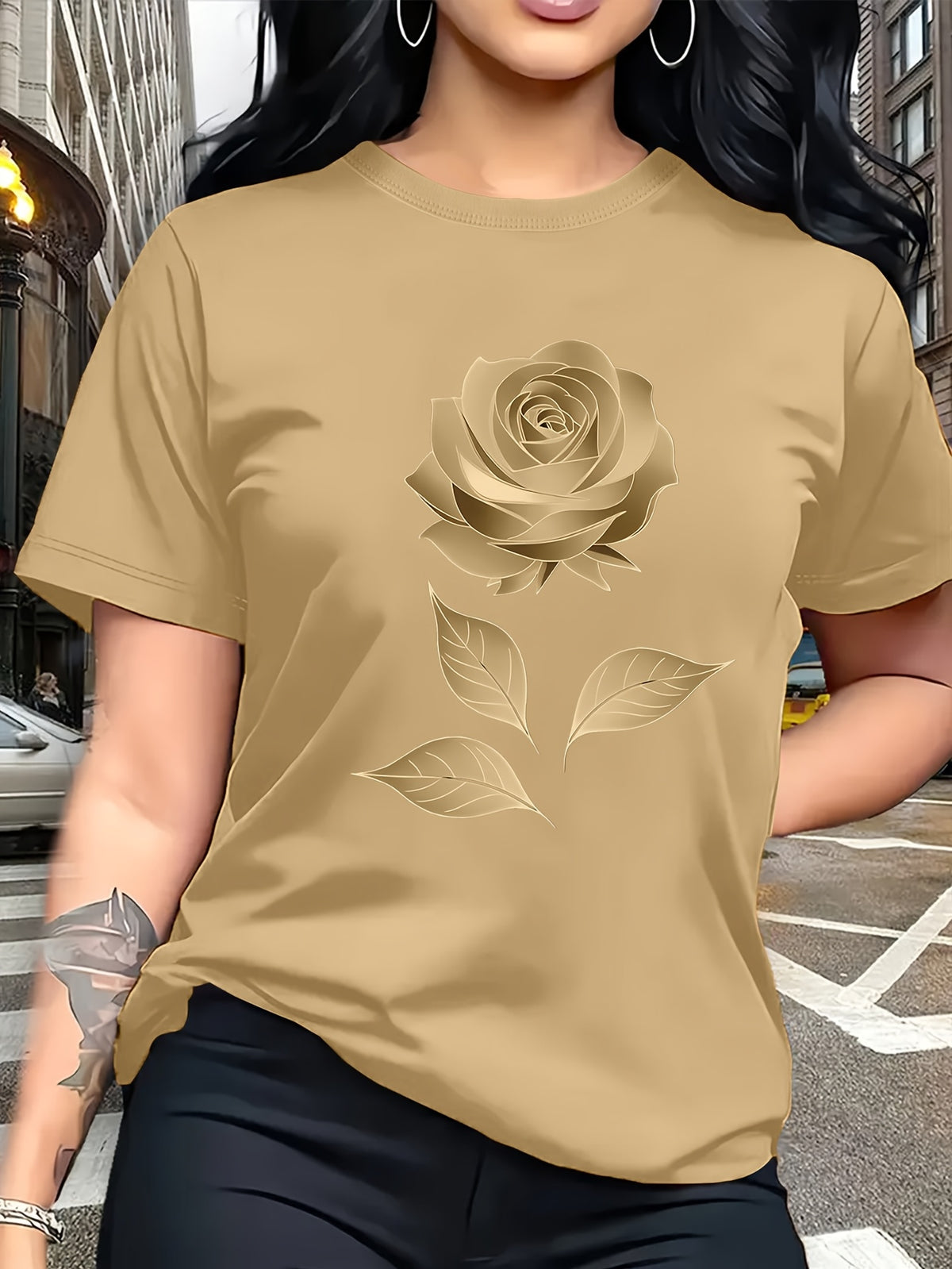 Color Series - Multicolor Light And Dark Gradient Easy Fresh Style Rose Pattern Printed T-Shirt, Casual Outing Wear, Single Wear Or Layered with Jacket, Multi-Layered, Suitable for Travel Vacation, Casual, Free And Unrestrained, Sister Outfit - Khaki