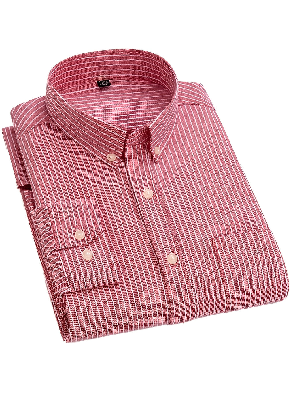 Classic Men's Striped Oxford Shirt with Chest Pocket, Button- Collar, Versatile Long-Sleeve Top for Daily Commute - Red Stripes