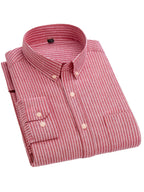 Classic Men's Striped Oxford Shirt with Chest Pocket, Button- Collar, Versatile Long-Sleeve Top for Daily Commute - Red Stripes