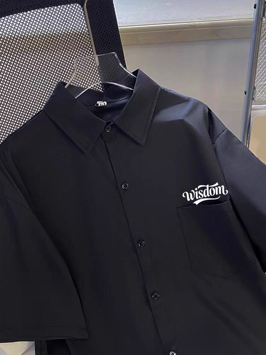Summer New Easy Relaxed Lazy Trendy Men'S Letter Print Lapel Short Sleeve Solid Color Thin Casual Shirt - Black