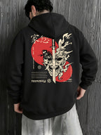 Men's Fashion Hooded Sweatshirt with Kangaroo Pocket and Drawstring Hood, Featuring a Japanese-Style Mask Print, Comfortable, Casual, and Warm, Suitable for Autumn and Winter Wear - Black