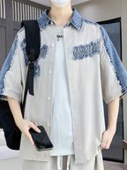 Men's Color-Block Denim Patchwork Short-Sleeve Shirt Jacket with Raw Hem, Letter Embroidery, Lapel Collar, Loose Fit, High Street Streetwear Style - 8061 Beige