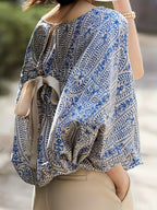 Elegant Blue and White Paisley Print Shirt, Bat Sleeves, Loose Fit Women's Round Neck Top, Women's Shirt - Light Blue
