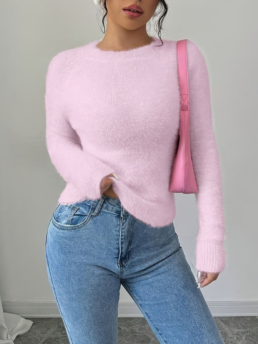 Elegant Women'S Autumn Winter Round Neck Faux Fox Pullover - Pink Color