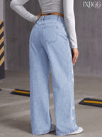 Vintage Washed Blue Floral Embroidered Loose Wide-Leg Straight-Leg Jeans, Fashionable Casual Spring/Summer Style - Light Blue