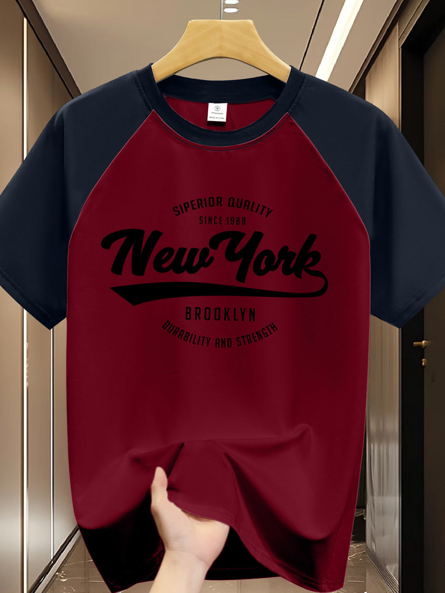 Men's Fashionable Graphic Raglan Sleeve T-shirt, Summer Casual and Comfortable T-shirt, Men's Short-sleeved Top for Daily Activities - Wine Red+Navy Blue