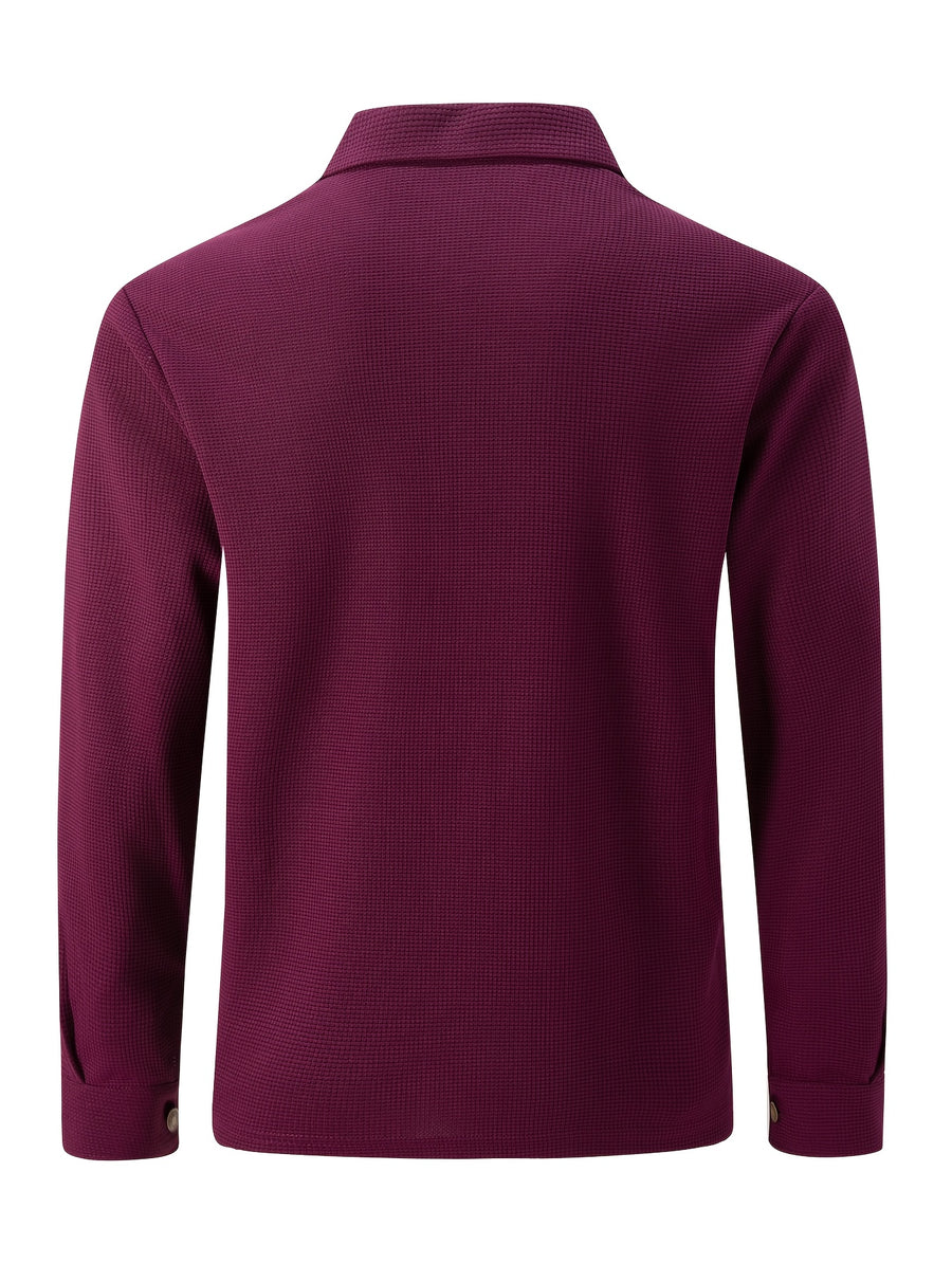 Men'S New Fall Winter Waffle Knit Shirt Jacket with Lapel, Multi-Pocket Button-Front Cargo Jacket - Burgundy