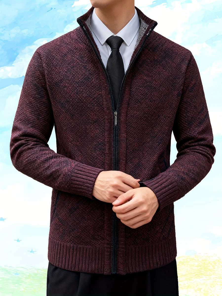 Autumn and Winter Casual Sweater Cardigan Jacket for Men, Thick Zipper Jacket with a Slightly Loose Three-dimensional Cut, Hiding Flesh and Slimming Without Dragging, Easily Creating a Fashionable Business Image (only Includes 1 Jacket) - Burgundy