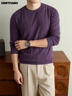 Men's CRRTMARO Textured Check Sweater - Warm Crew Neck Pullover Sweater Suitable for Fall & Winter, Casual Layering Top with Solid Color Base, Regular Fit Sweater for Office, -Casual Wear (Hand Washable) - Gray Purple