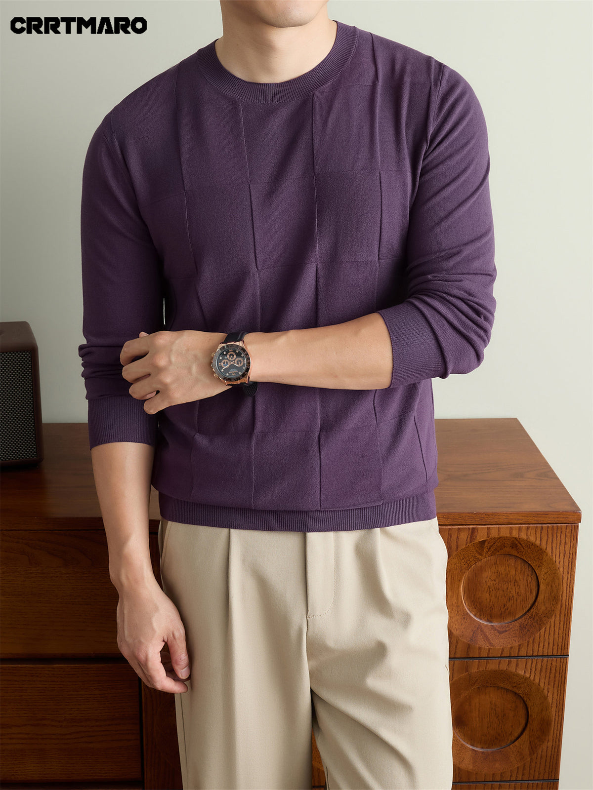 Men's CRRTMARO Textured Check Sweater - Warm Crew Neck Pullover Sweater Suitable for Fall & Winter, Casual Layering Top with Solid Color Base, Regular Fit Sweater for Office, -Casual Wear (Hand Washable) - Gray Purple