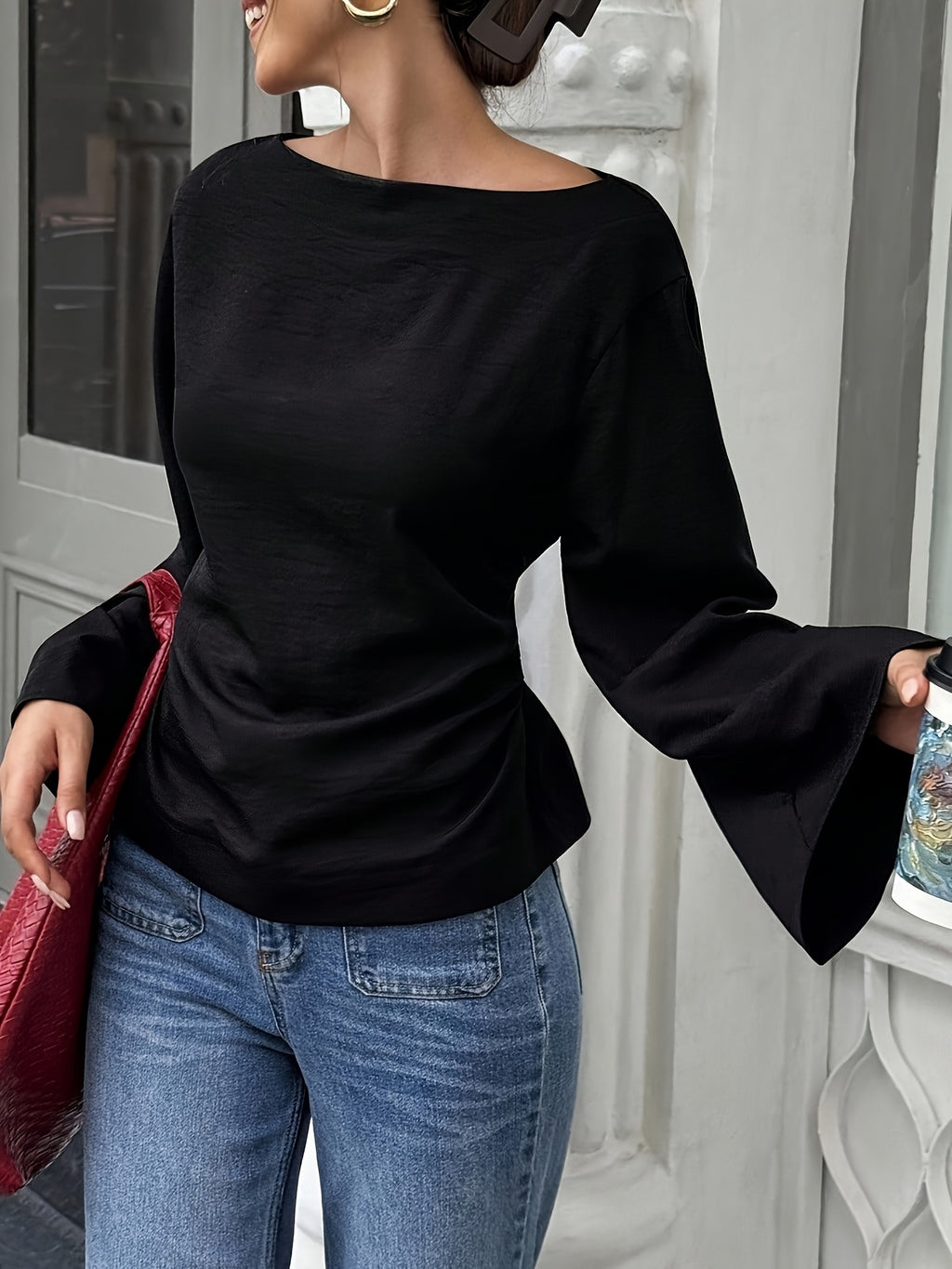 Women'S Solid Back Tie Flared Sleeve Blouse - Black