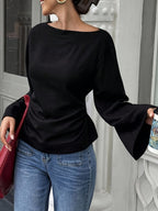 Women'S Solid Back Tie Flared Sleeve Blouse - Black