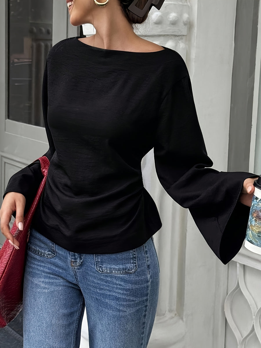 Women'S Solid Back Tie Flared Sleeve Blouse - Black