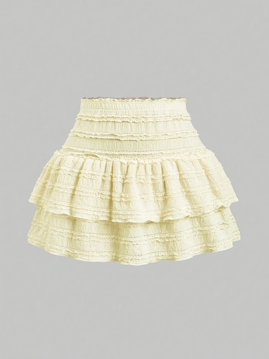2026 New Vintage Ruffle Lace High-Waist Hip-Covering Double-Layer Flounce Mini Skirt - 【Light Yellow】