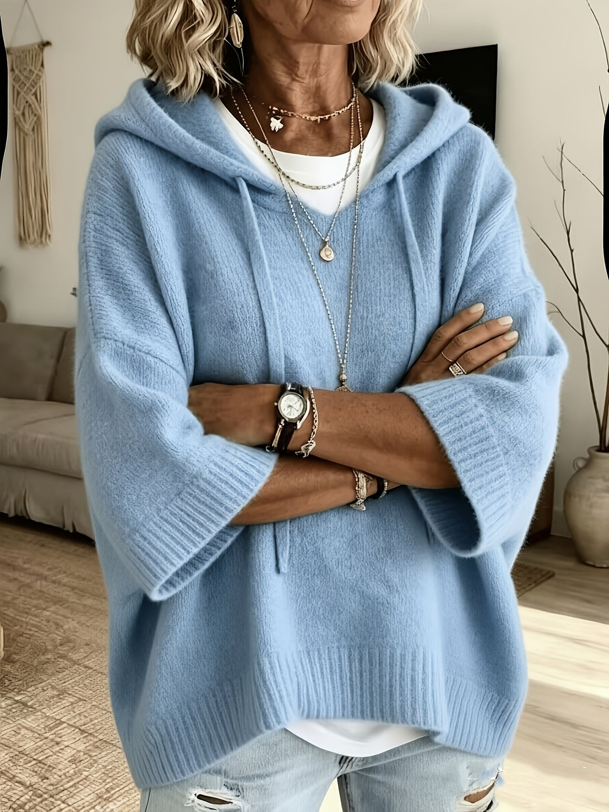 Women's Casual Hooded Drawstring Top Loose Off-Shoulder Wide 3/4 Sleeve Soft Sweatshirt Oversized Body-Covering Batwing Sleeve Pullover Ribbed Hem Solid Color Slouchy Hoodie - Sky Blue