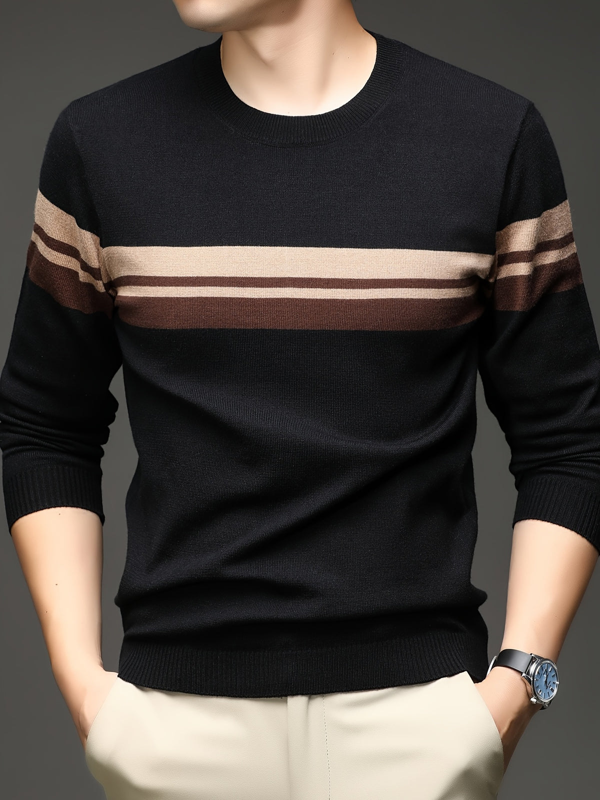 [Wading Whale OBM] Spring/Autumn New Men'S Knit Pullover Sweater, Old Money Style Color-Block Ribbed Round Neck Long Sleeve Knit Pullover for Men, Business Casual Fashion Ribbed Sweater, Suitable for Spring, Autumn, Winter Layering Or Inner Wear - Black