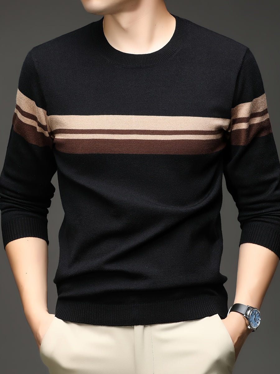 [Wading Whale OBM] Spring/Autumn New Men'S Knit Pullover Sweater, Old Money Style Color-Block Ribbed Round Neck Long Sleeve Knit Pullover for Men, Business Casual Fashion Ribbed Sweater, Suitable for Spring, Autumn, Winter Layering Or Inner Wear - Black