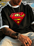 Warner Exclusive, DC Superman Logo Print American Street Style Color-Block Striped T-Shirt, Men's Casual Short Sleeve, Suitable for Trendy Shopping, Daily Commuting, Street Check-Ins, and Light Sportswear - Black