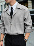 Men's Casual Striped 2-in-1 Look Shirt with Lapel Collar, Button-Up, Long Sleeves, and Rolled Hem Top for Business, Daily, and Street Fashion - Grey