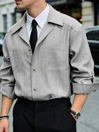 Men's Casual Striped 2-in-1 Look Shirt with Lapel Collar, Button-Up, Long Sleeves, and Rolled Hem Top for Business, Daily, and Street Fashion - Grey