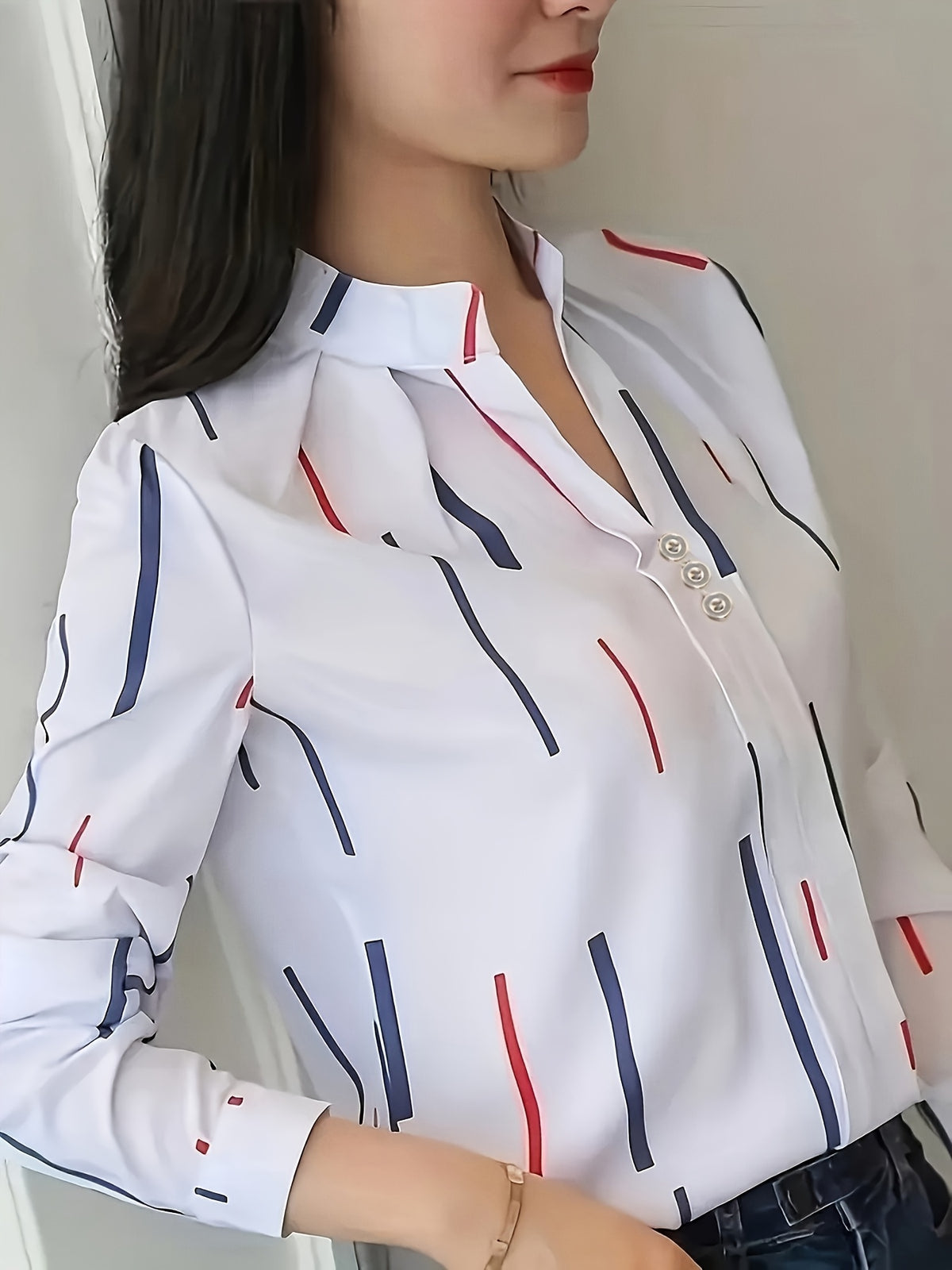 An Elegant Long-Sleeve Shirt for Women Featuring a Striped Print, a Small Stand Collar, And Exquisite Buttons, Perfect for Commuting And Daily Outings in Spring And Summer. A Beautiful Women'S Shirt, Summer Top, Long-Sleeve V-Neck, Stylish Blouse - Red And Blue Stripes