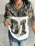 European And American Women'S Digital V-Neck Personalized Design Printed Sports T-Shirt Top - Mixed colors