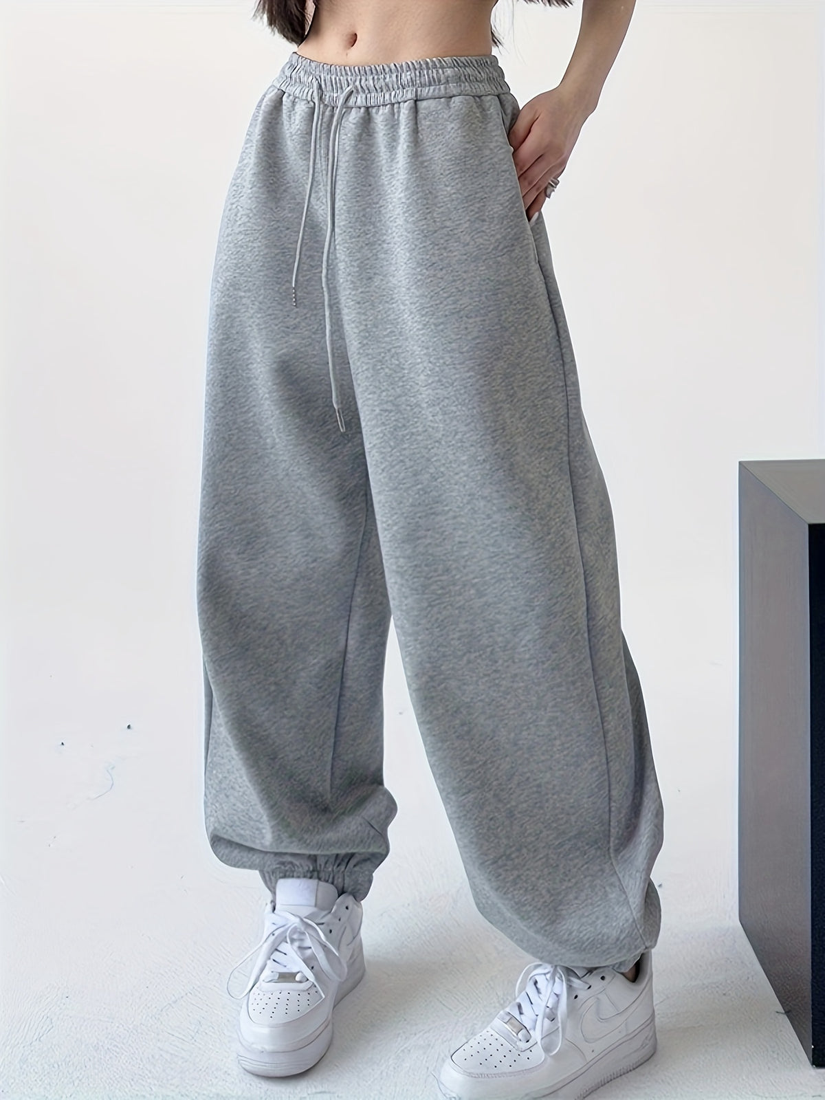 Solid Color Loose Ankle-Cinching Casual Trousers with Fake Pocket Flap - Grey
