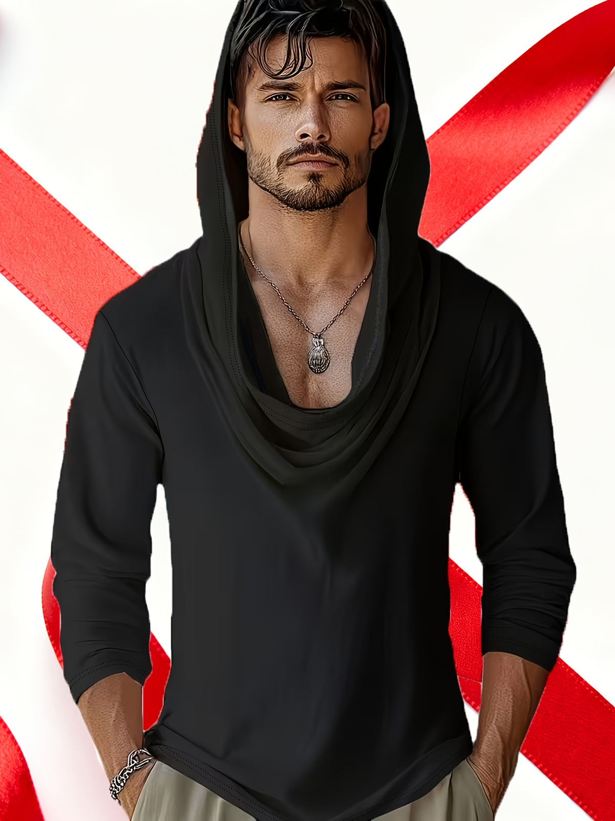 Hooded High-neck Long-sleeve Top with a Unique Draped Collar Design, Featuring a Sexy V-neck That Reveals Skin, Paired with a Loose, Laid-back Style. Made from High-elasticity, Skin-friendly Fabric, It's Perfect for Daily Outings and Essential - Black