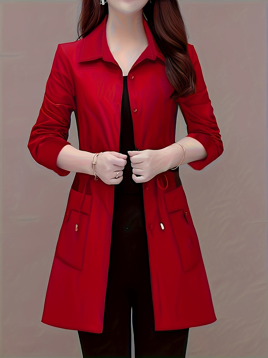 Spring And Autumn Fashion Long Slim Long-Sleeved Shirt Coat - Red