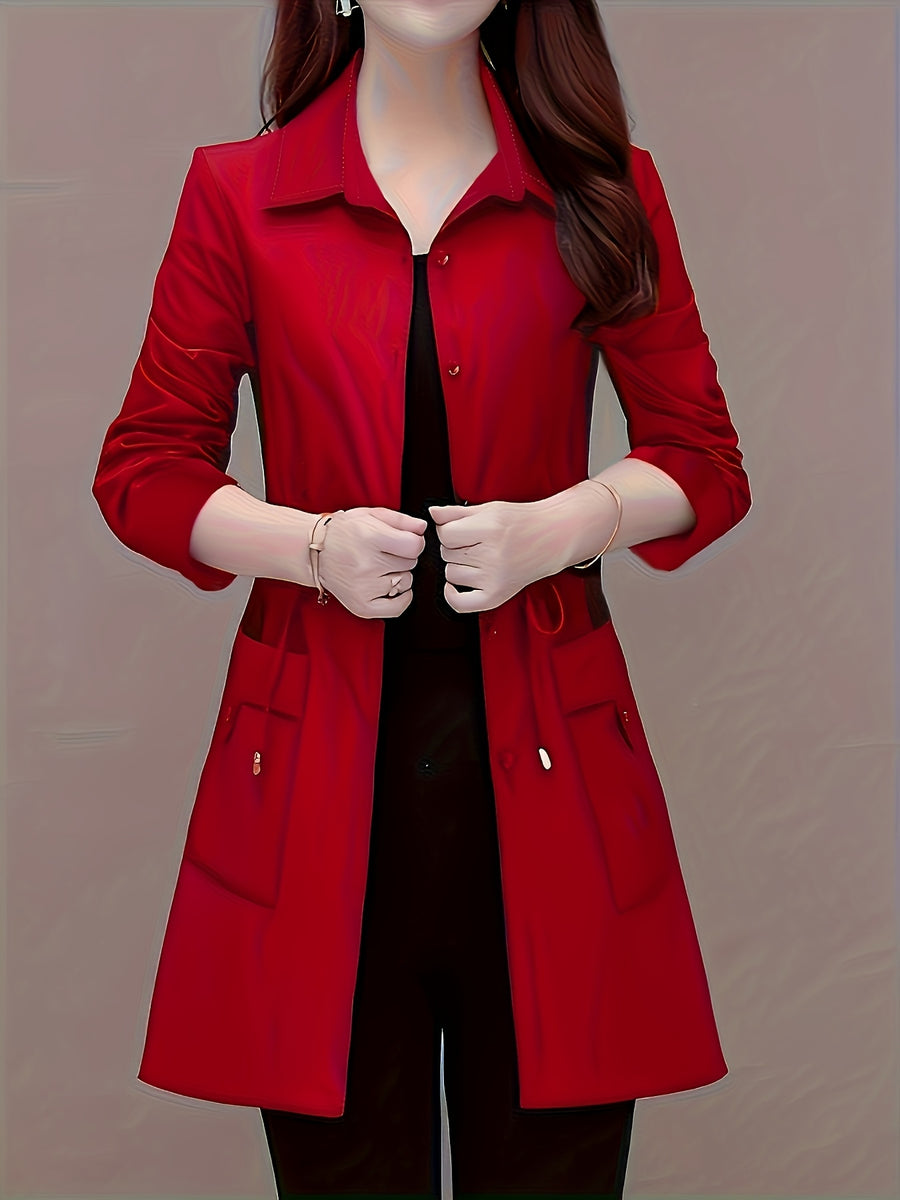 Spring And Autumn Fashion Long Slim Long-Sleeved Shirt Coat - Red