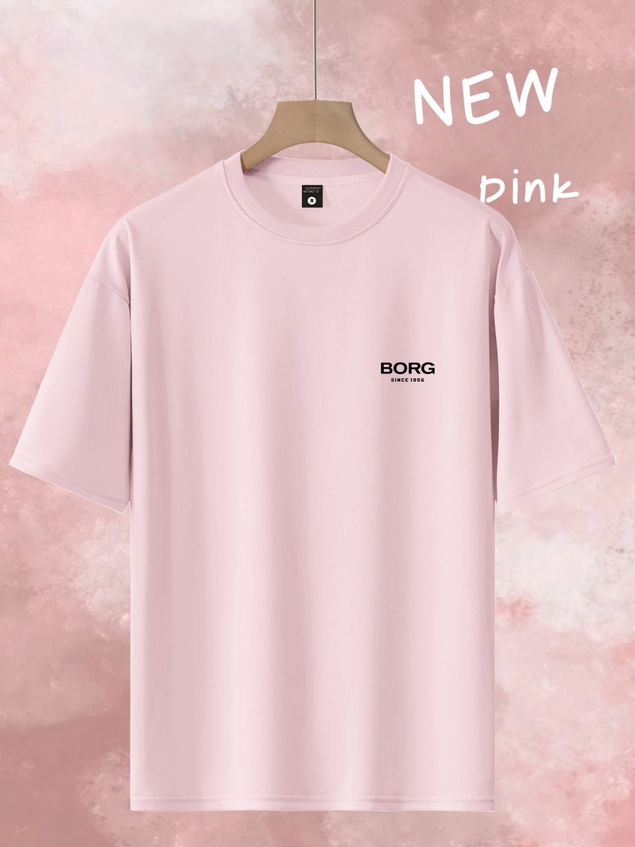 Men's Trendy Loose-Fit Crew Neck T-Shirt, Casual Daily Short-Sleeve Tee, BORG 1956 Vintage Letter Print, Simple and Versatile Top, Suitable as a Gift - Pink Color