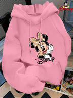 Minnie Mouse Face Print Japanese Hooded Sweatshirt, Loose Casual Kangaroo Pocket Pullover Top - Pink