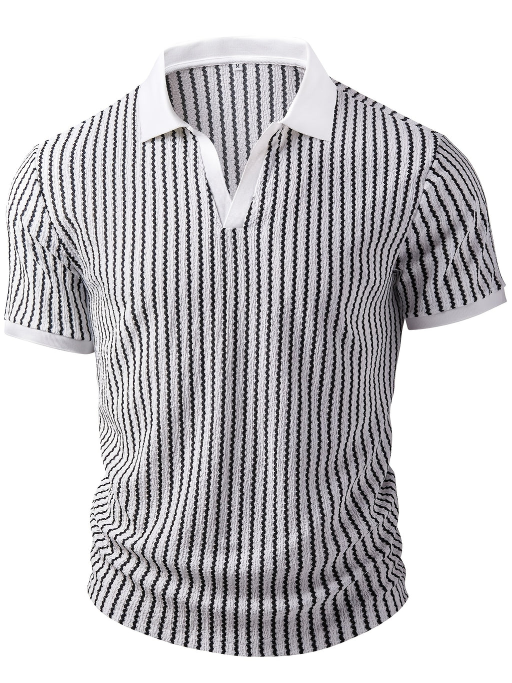 European and American Men's Fashion Black and White Geometric Texture V-Neck Color-Block Short Sleeve Shirt - White