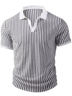 European and American Men's Fashion Black and White Geometric Texture V-Neck Color-Block Short Sleeve Shirt - White