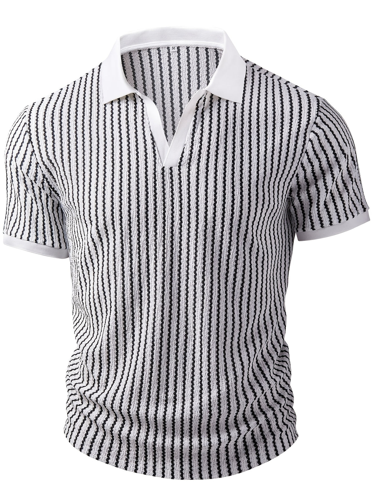 European and American Men's Fashion Black and White Geometric Texture V-Neck Color-Block Short Sleeve Shirt - White