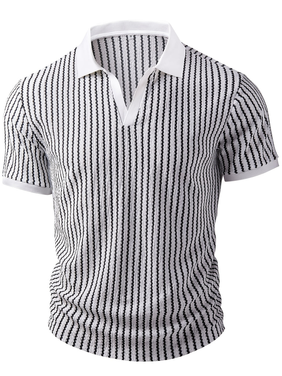 European and American Men's Fashion Black and White Geometric Texture V-Neck Color-Block Short Sleeve Shirt - White
