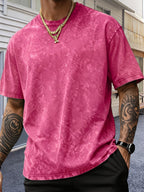 Men'S Heavyweight Short Sleeve Washed Distressed Fashion T-Shirt, Skin-Friendly And Breathable, Vintage Compass Eagle Arrow Geometric Line Print, Western High Street Hip-Hop Street Style, Pure Skin-Friendly Non-Sheer Material - Rose Red