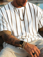Printed Design – Not Textured: Men's Casual T-Shirt, Fashionable Streetwear Style, Gym/Club Style, Solid White with Light Brown Vertical Stripes, Contrast Cuffs, Crew Neck, Slight Stretch, Suitable for All Seasons, Versatile Top for Outdoor Wear - Mixed colors