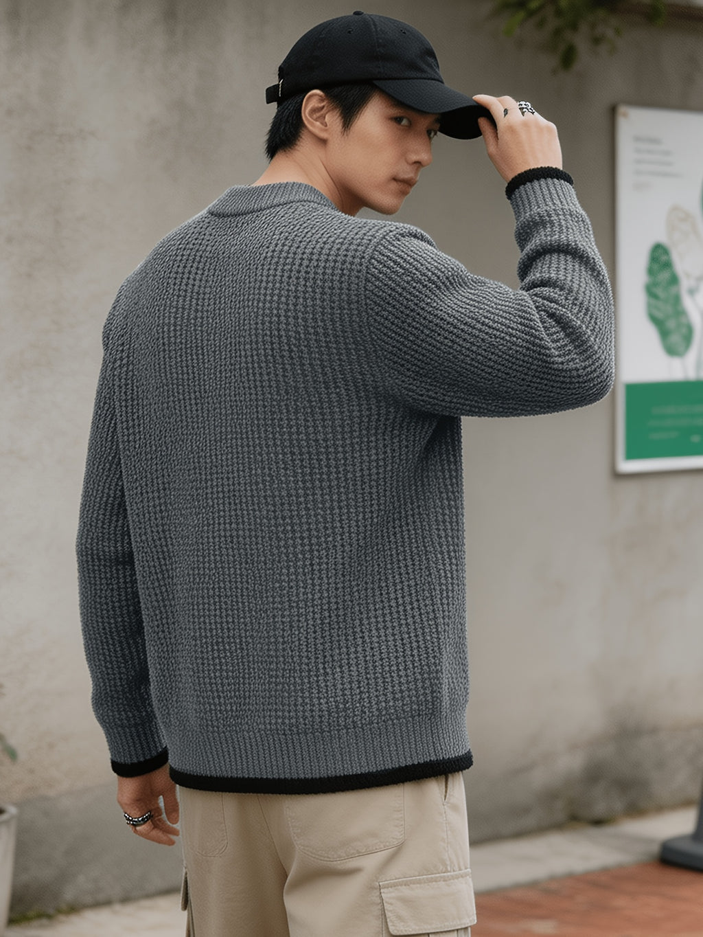 Autumn Winter Men'S Waffle Knit Round Neck Pullover Sweater, Faux Two-Piece Color Blocked Trim Long Sleeve Knit Top, Loose Drop Shoulder Warm Sweater, Suitable for Daily Commute Casual Wear - Charcoal
